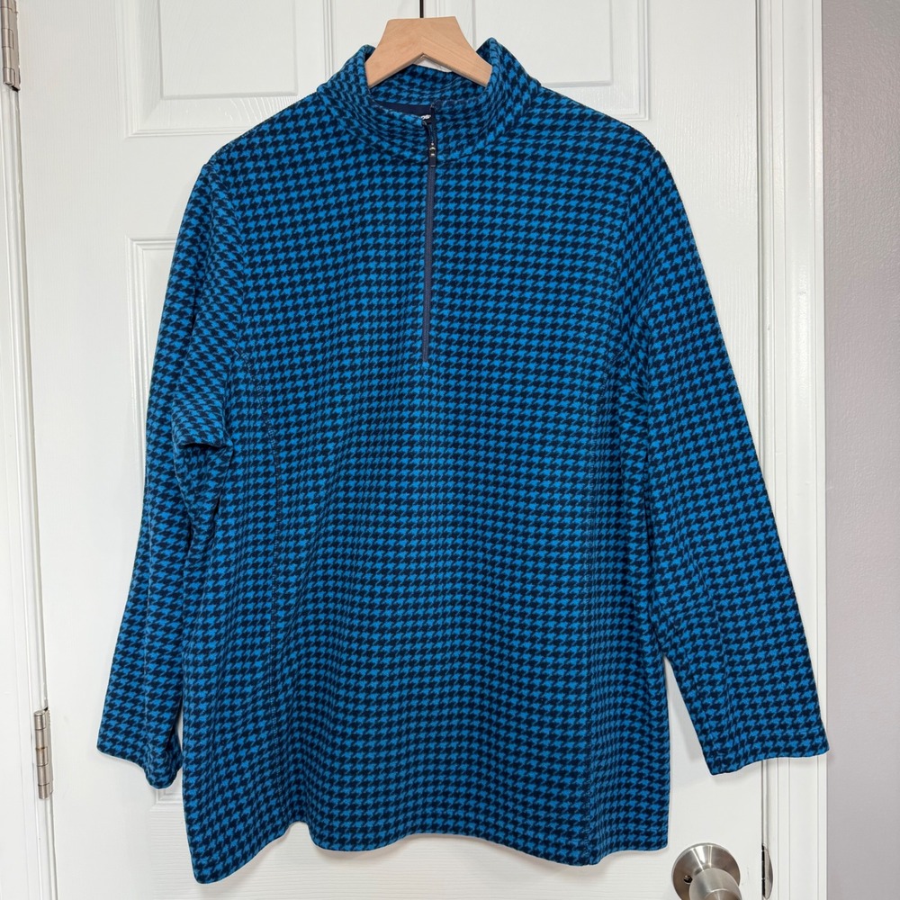 Lands End Womens 2X Blue Houndstooth Fleece Quarter Zip Pullover Mock Neck Top